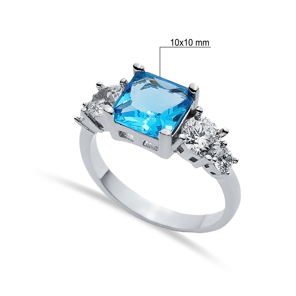 Square Aquamarine CZ Round Ring Sterling Silver Jewelry