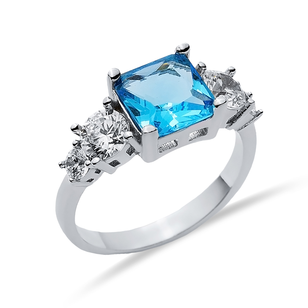 Square Aquamarine CZ Round Ring Sterling Silver Jewelry