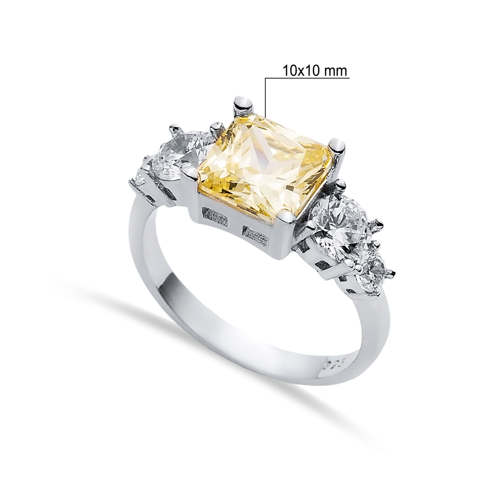 Square Citrine CZ Round Ring Sterling Silver Jewelry