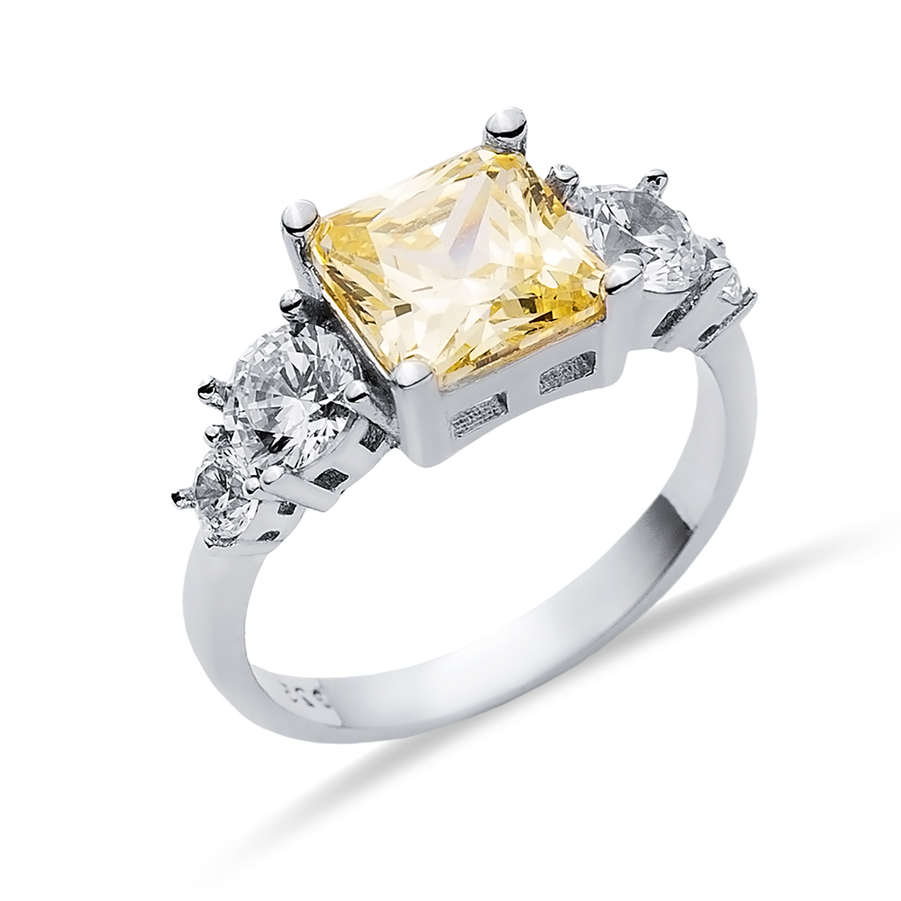 Square Citrine CZ Round Ring Sterling Silver Jewelry