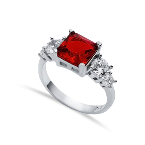 Square Garnet CZ Round Ring Sterling Silver Jewelry
