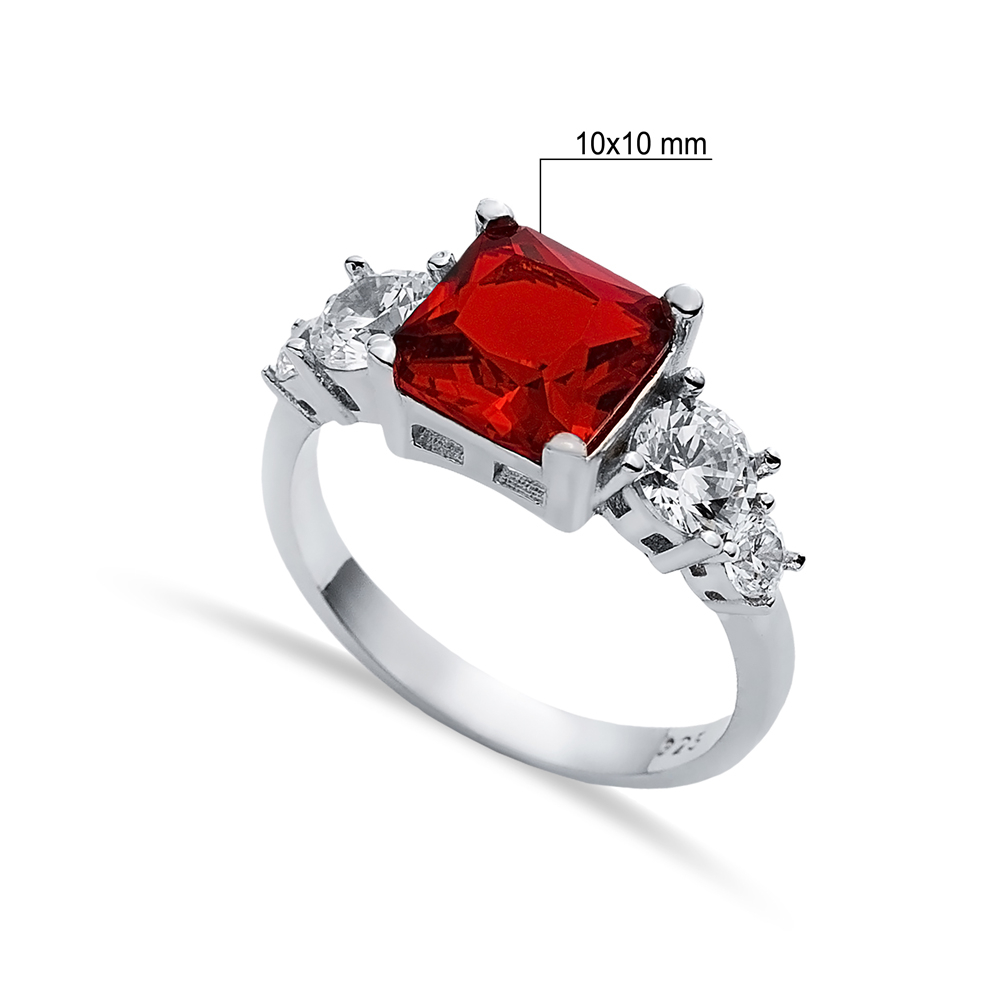 Square Garnet CZ Round Ring Sterling Silver Jewelry