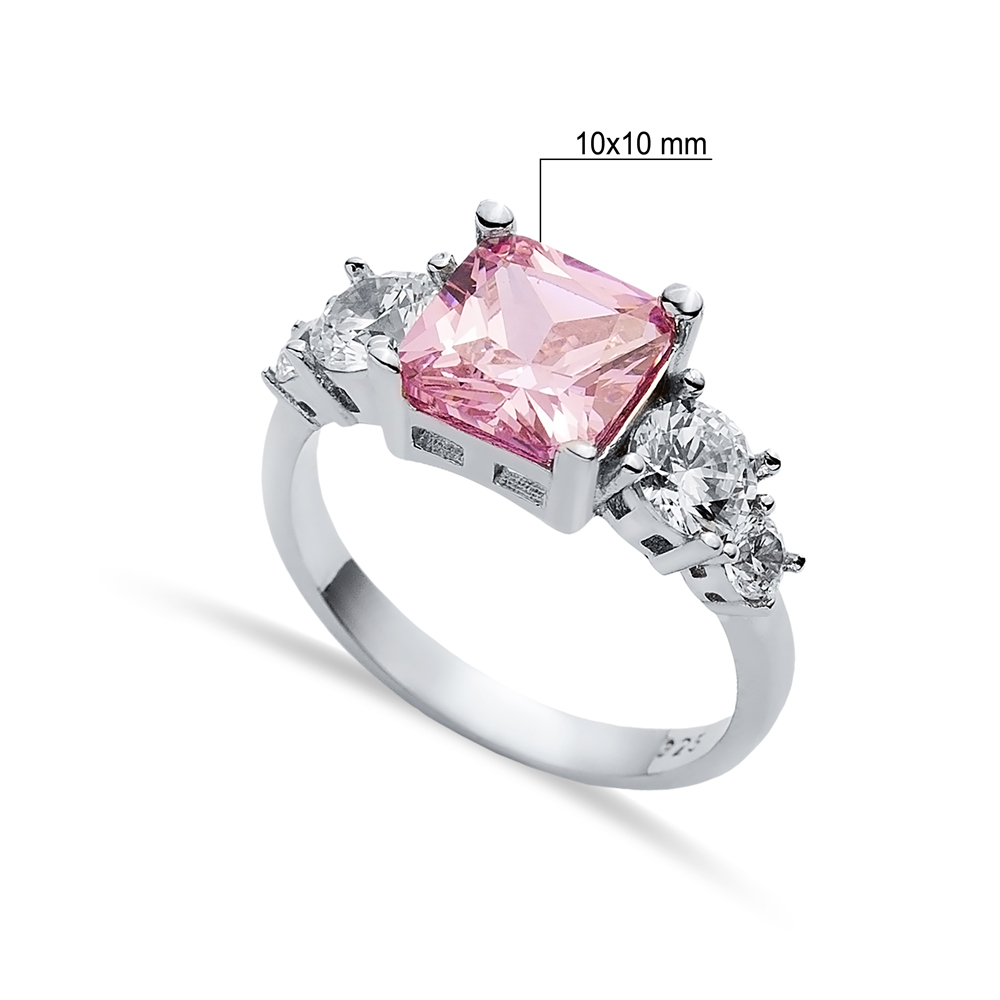 Square Pink Quartz CZ Round Ring Sterling Silver Jewelry