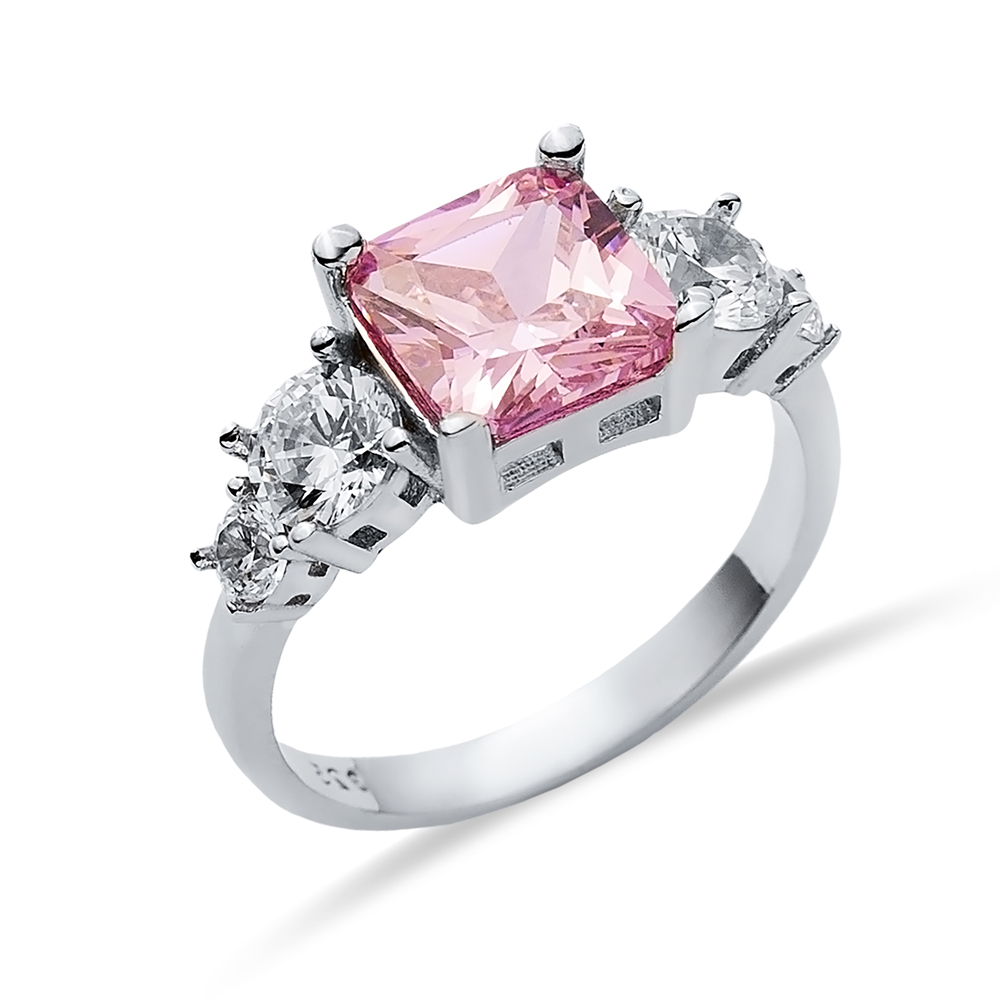 Square Pink Quartz CZ Round Ring Sterling Silver Jewelry