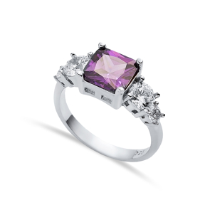 Square Amethyst CZ Round Ring Sterling Silver Jewelry