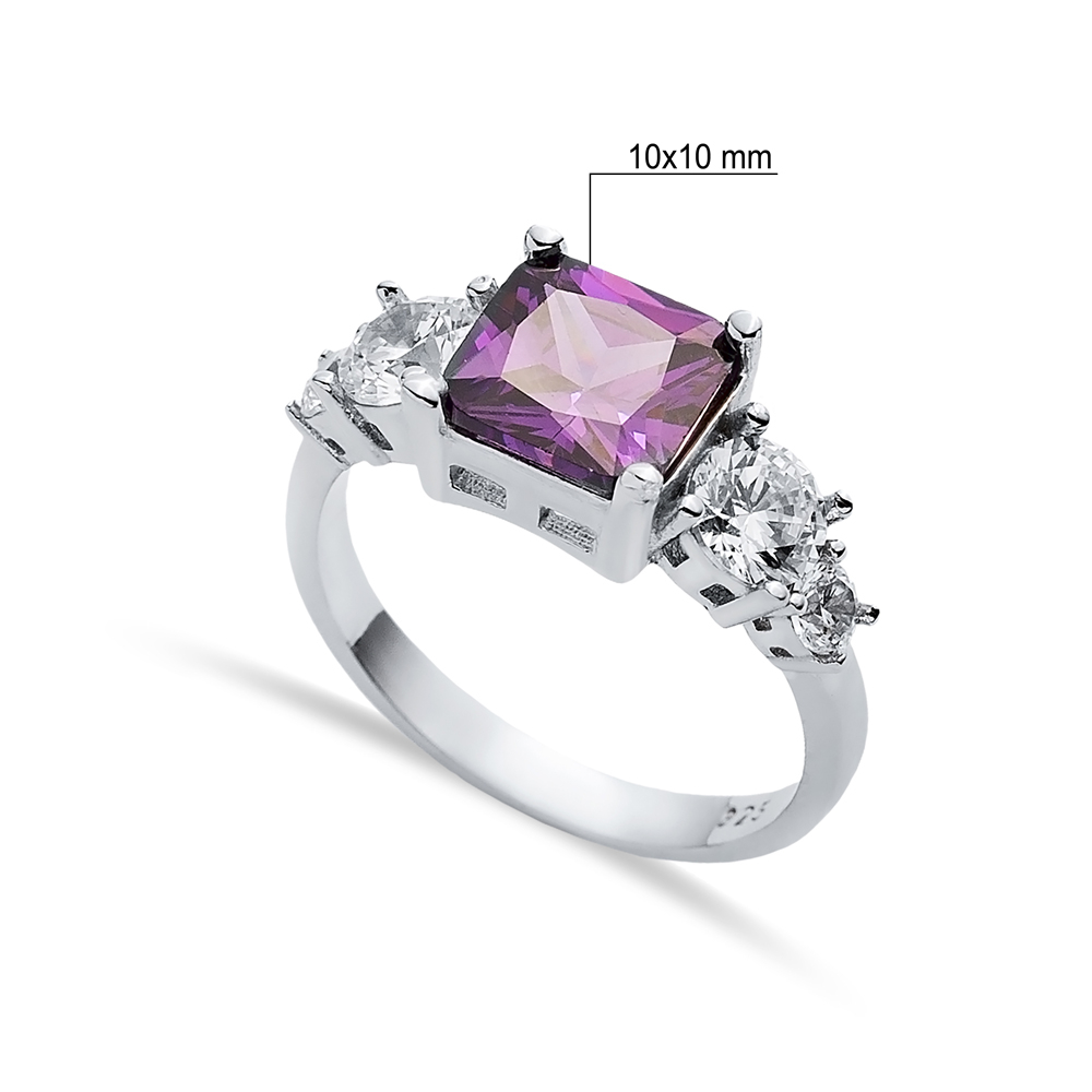 Square Amethyst CZ Round Ring Sterling Silver Jewelry