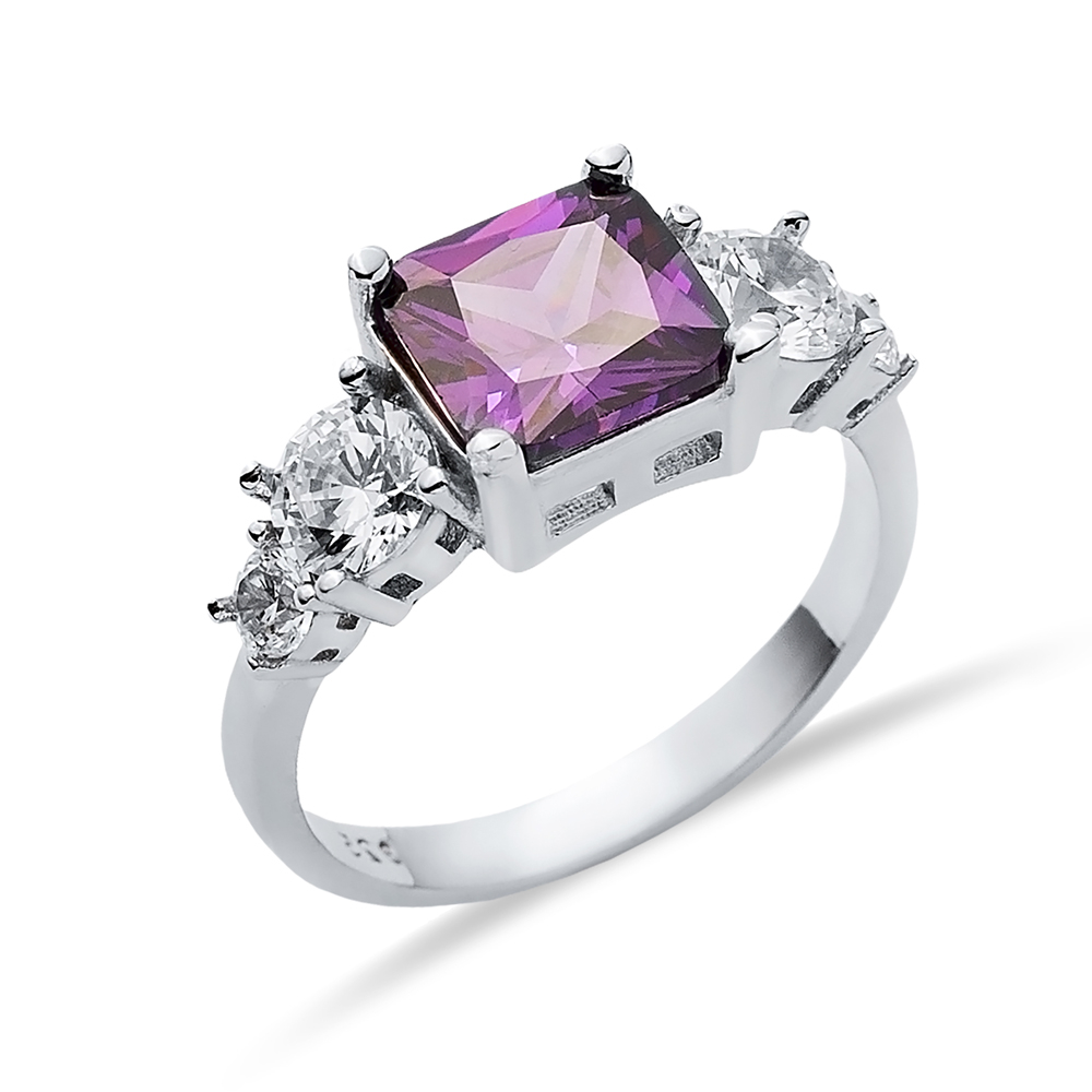 Square Amethyst CZ Round Ring Sterling Silver Jewelry