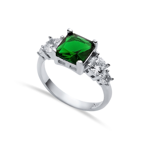 Square Emerald CZ Round Ring Sterling Silver Jewelry