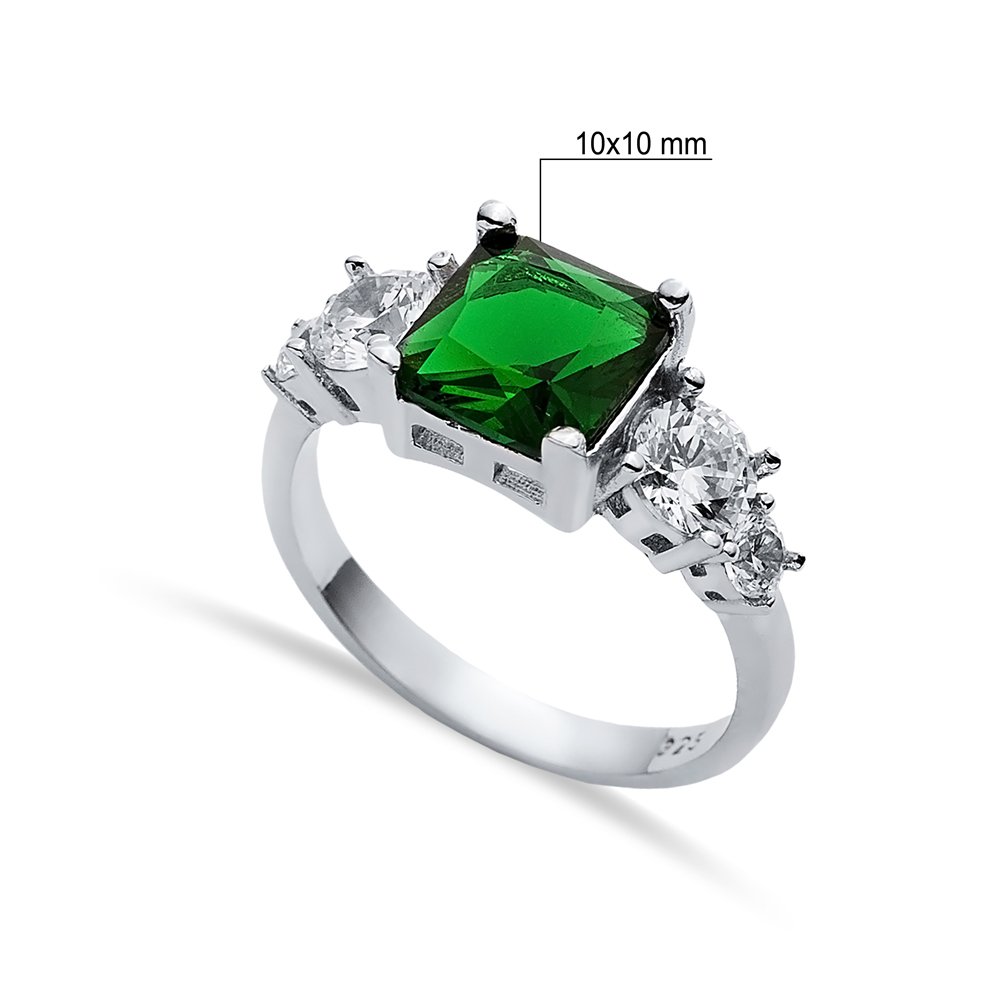 Square Emerald CZ Round Ring Sterling Silver Jewelry