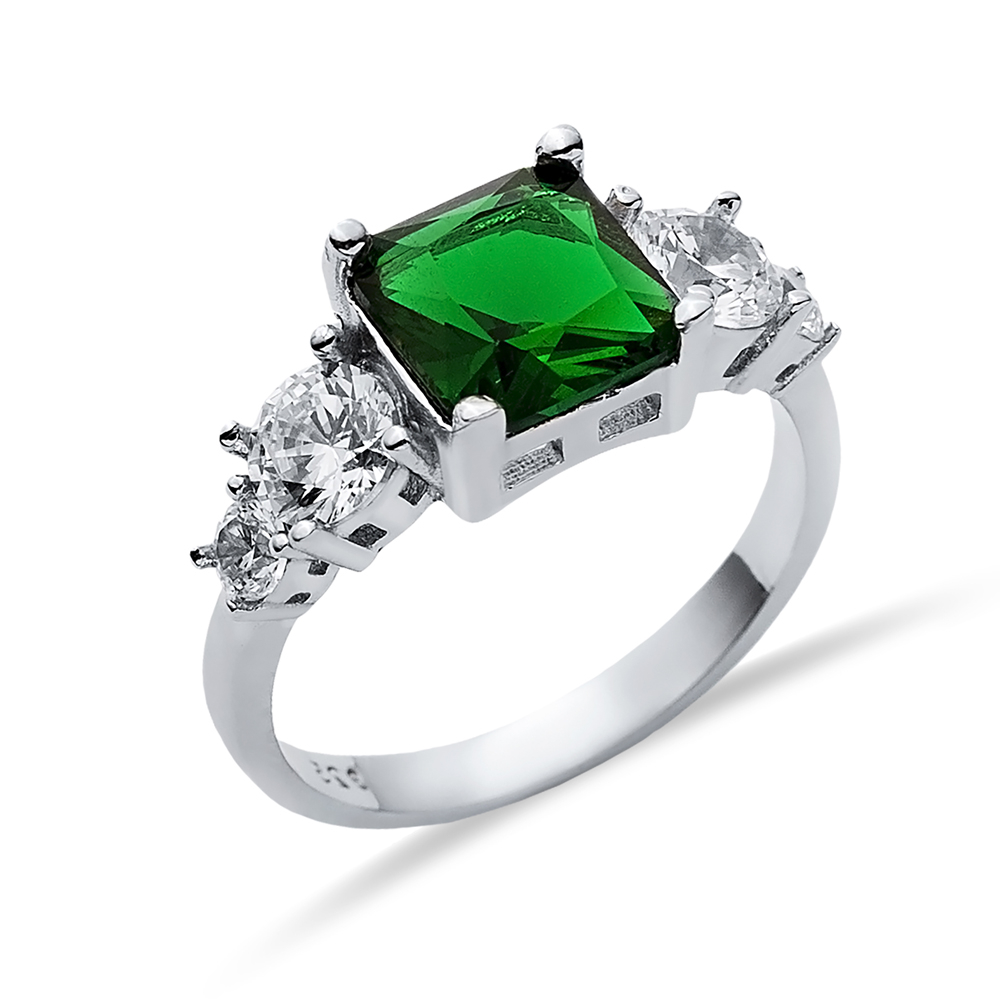 Square Emerald CZ Round Ring Sterling Silver Jewelry