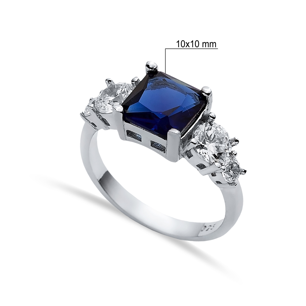 Square Sapphire CZ Round Ring Sterling Silver Jewelry