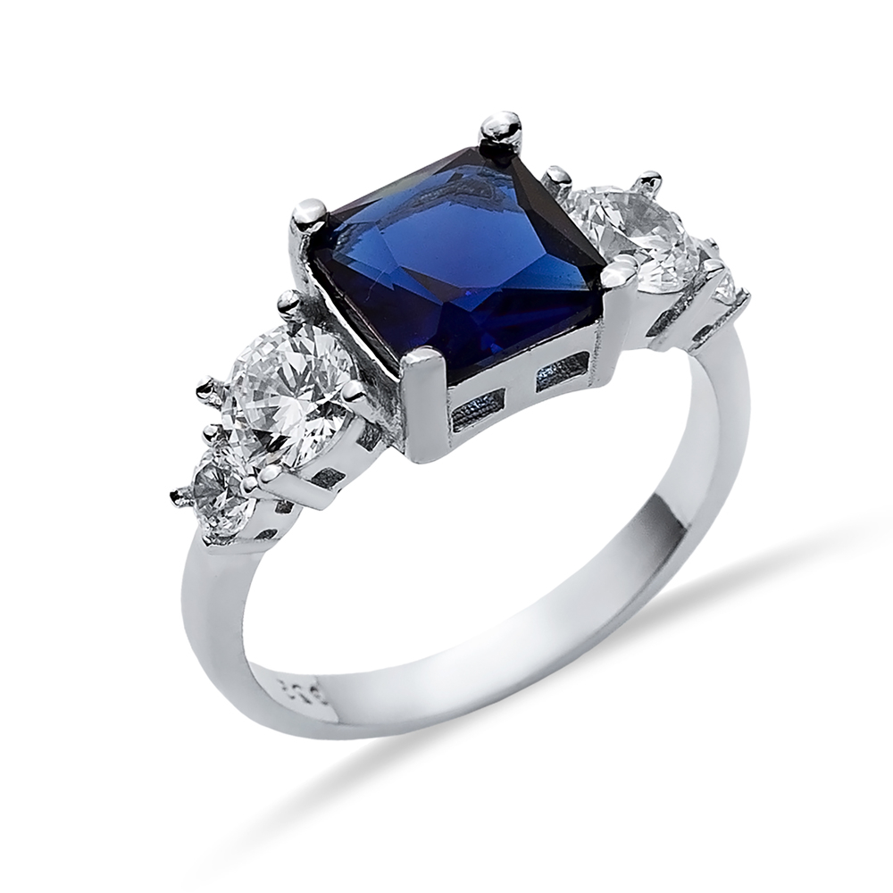 Square Sapphire CZ Round Ring Sterling Silver Jewelry