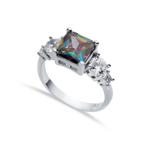 Square Mystic Topaz CZ Round Ring Sterling Silver Jewelry