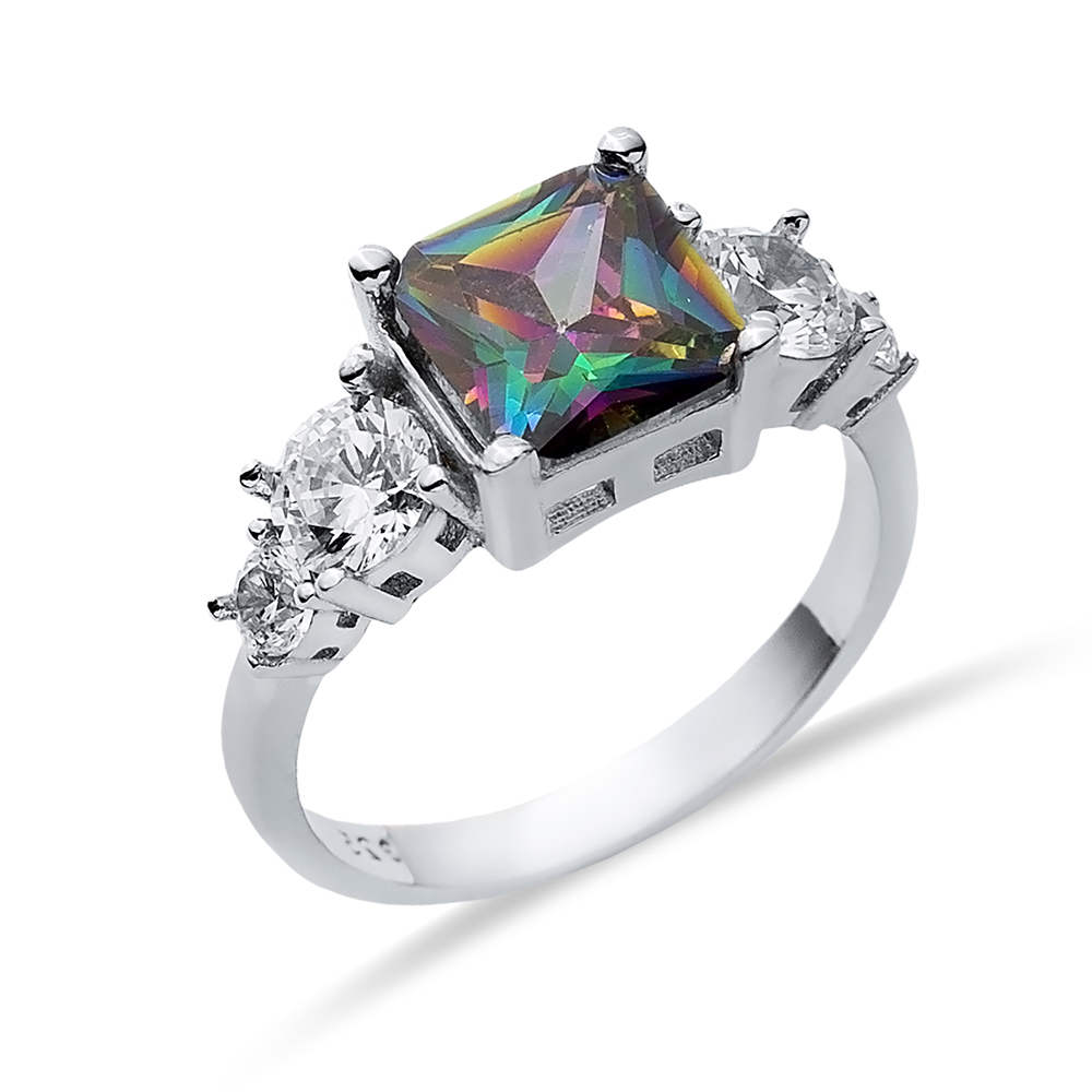 Square Mystic Topaz CZ Round Ring Sterling Silver Jewelry