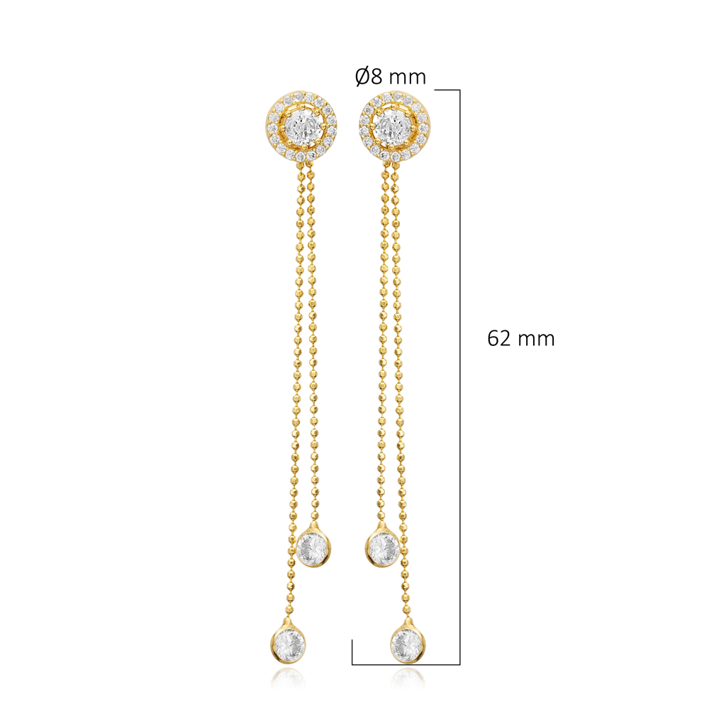 Round Charm Design Long Ball Chain Silver Stud Earrings