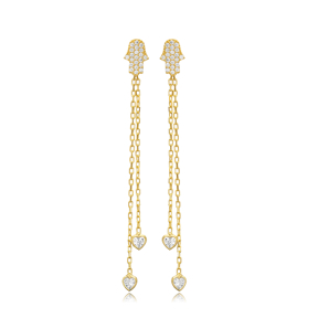 Hamsa CZ Chain Silver Long Stud Earrings