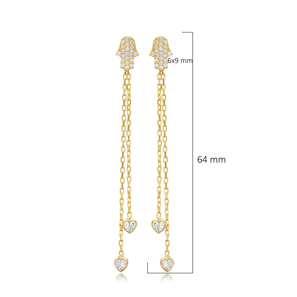 Hamsa Design CZ Stone Chain Silver Long Stud Earrings