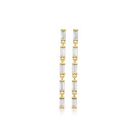 Baguette CZ Silver Long Stud Earrings