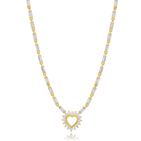 Heart Baguette CZ Stone 925 Sterling Silver Charm Necklace
