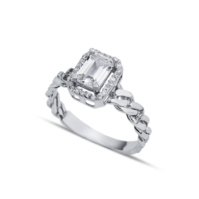 Rectangle CZ Stone Chain Design Silver Cluster Ring