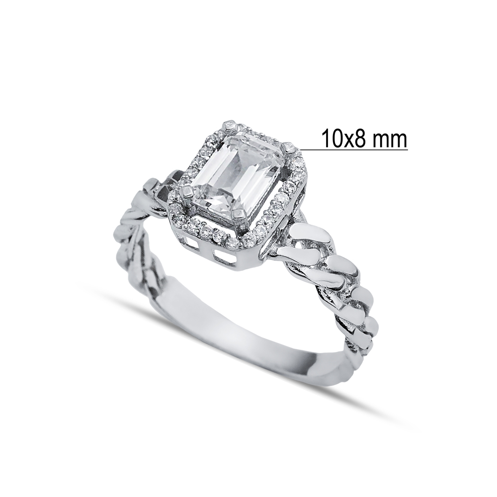 Rectangle CZ Stone Chain Design Silver Cluster Ring