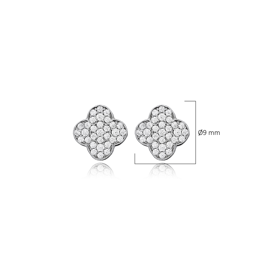 Clover CZ Stone Dainty Silver Stud Earrings Handmade Jewelry