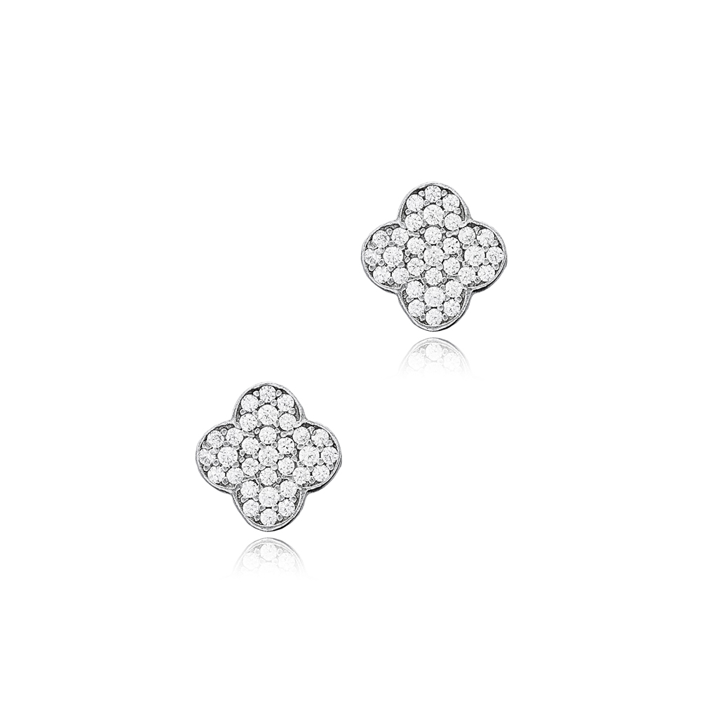 Clover CZ Stone Dainty Silver Stud Earrings Handmade Jewelry