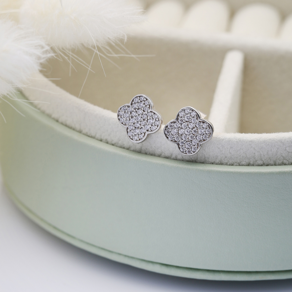 Clover CZ Stone Dainty Silver Stud Earrings Handmade Jewelry