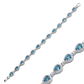Pear Drop Aquamarine CZ Stone Dainty Sterling Silver Tennis Bracelet