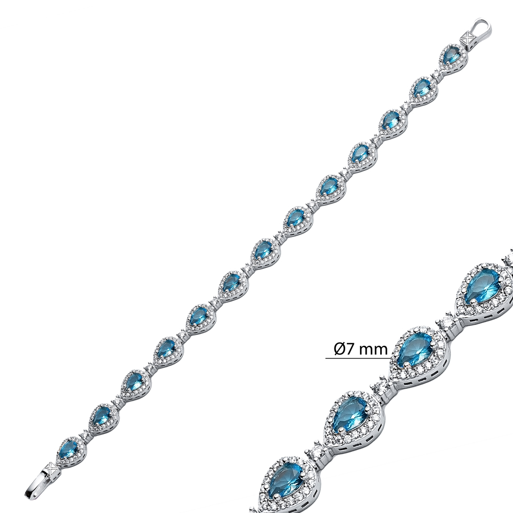 Pear Drop Aquamarine CZ Stone Dainty Sterling Silver Tennis Bracelet