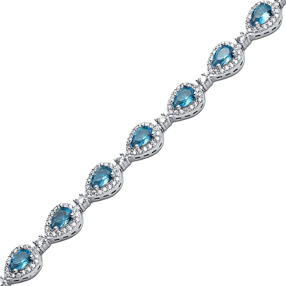 Pear Drop Aquamarine CZ Stone Dainty Sterling Silver Tennis Bracelet