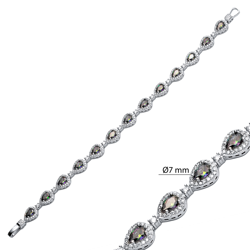 Pear Drop Mystic Topaz CZ Stone Dainty Sterling Silver Tennis Bracelet