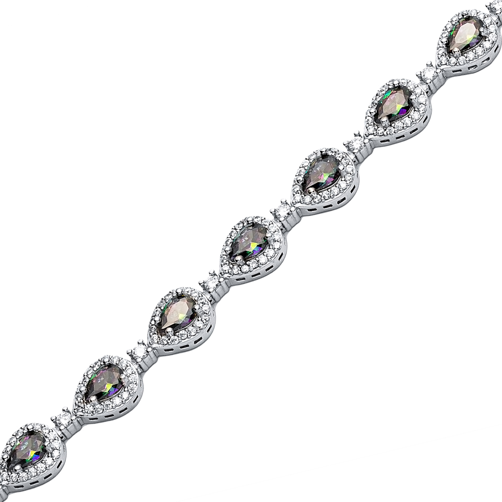 Pear Drop Mystic Topaz CZ Stone Dainty Sterling Silver Tennis Bracelet