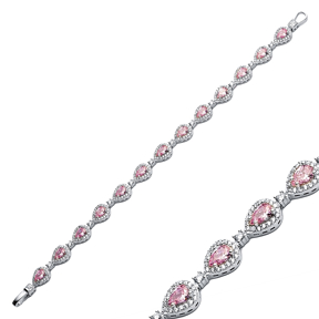 Pink CZ Stone Pear Drop Dainty Sterling Silver Tennis Bracelet