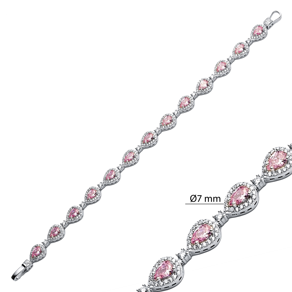 Pink CZ Stone Pear Drop Dainty Sterling Silver Tennis Bracelet