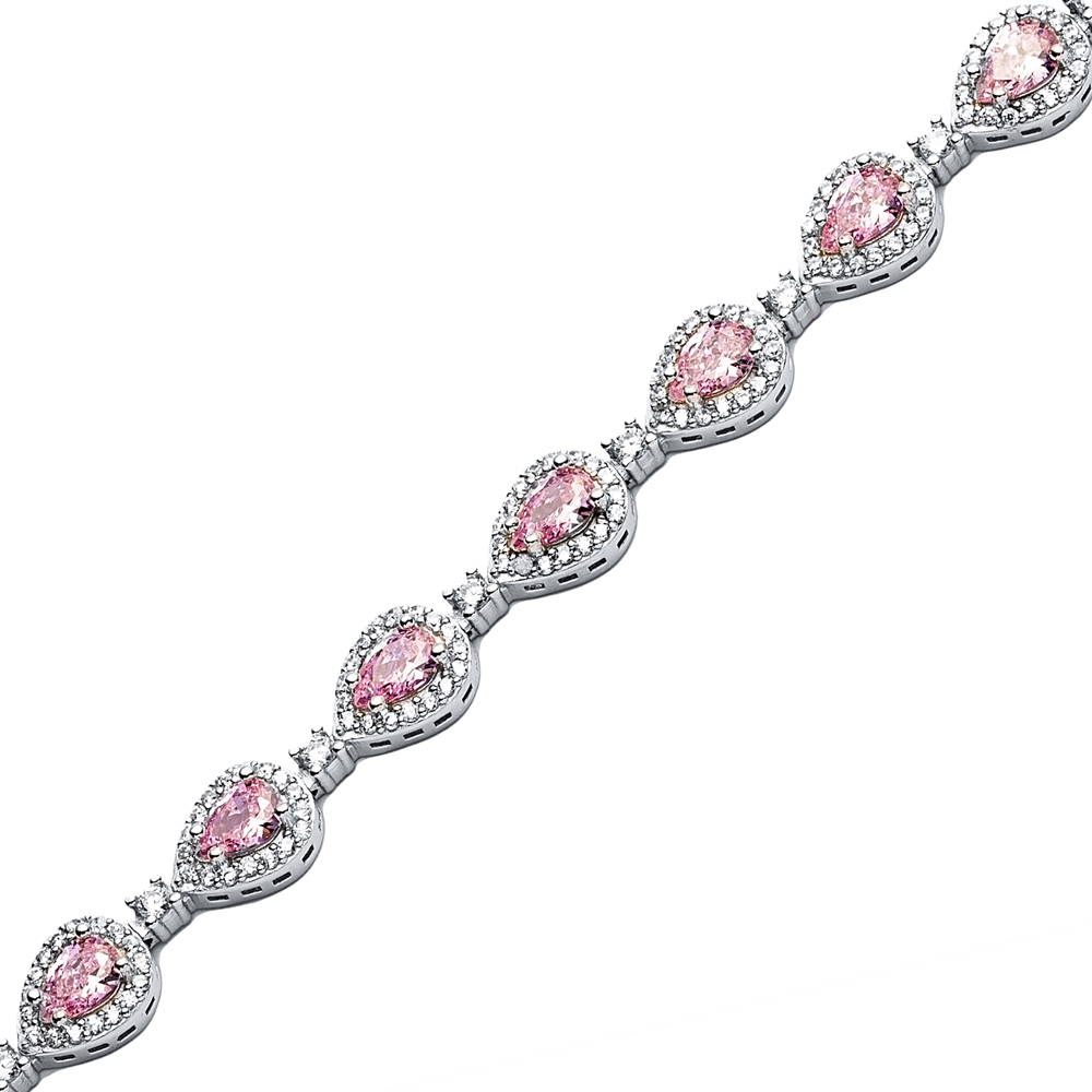 Pink CZ Stone Pear Drop Dainty Sterling Silver Tennis Bracelet