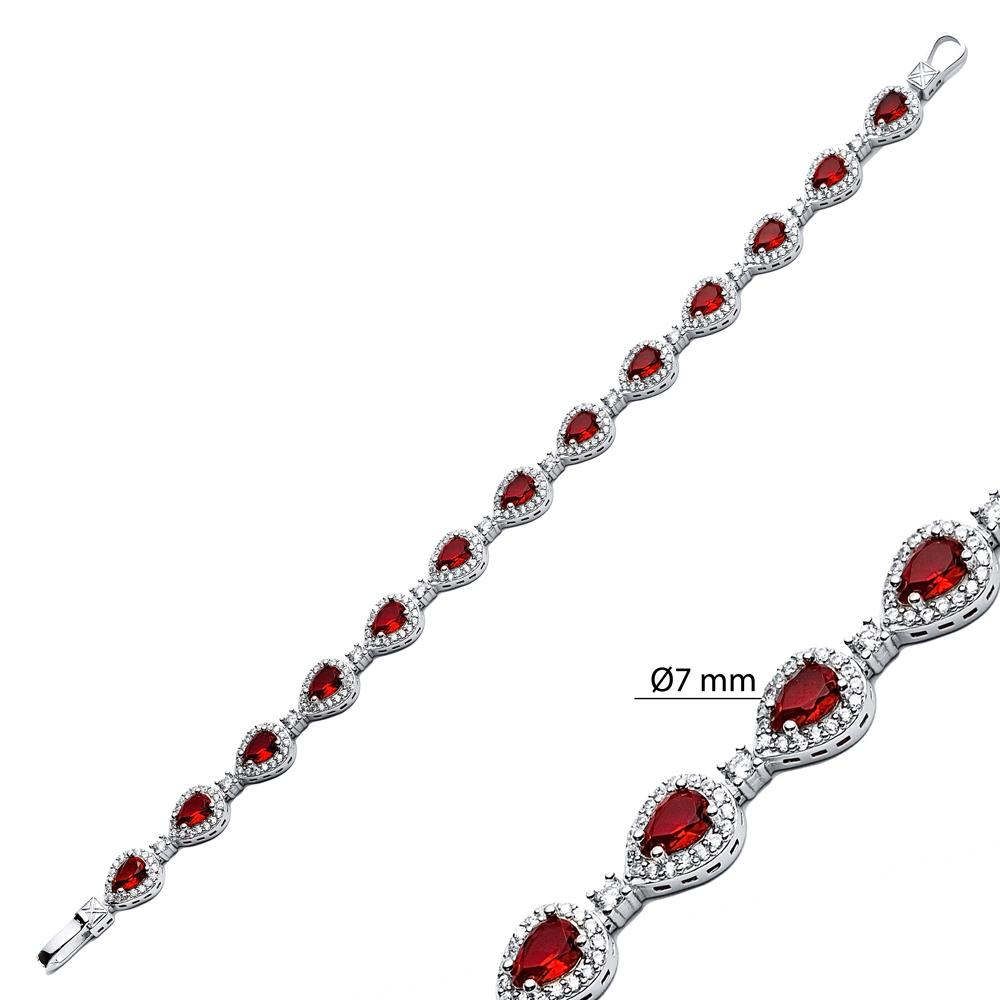 Garnet CZ Stone Pear Drop Dainty Sterling Silver Tennis Bracelet