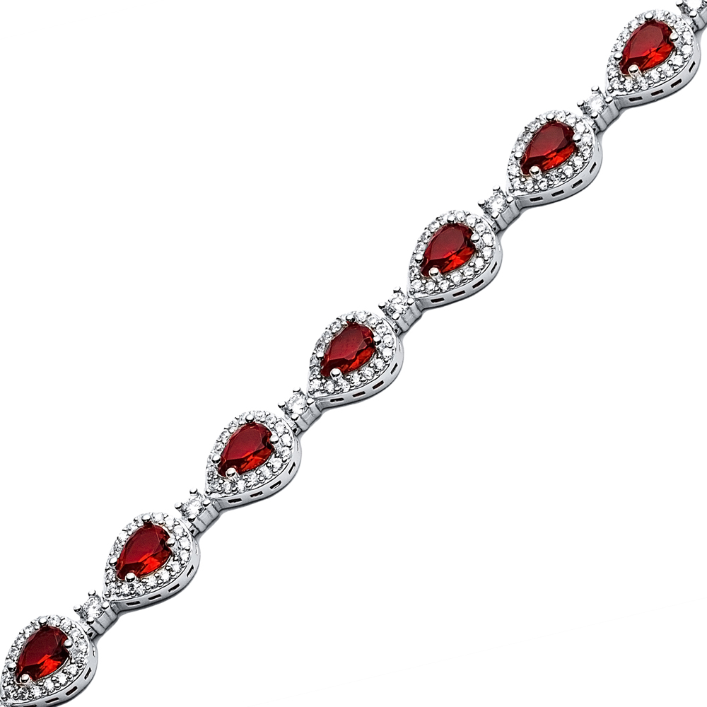 Garnet CZ Stone Pear Drop Dainty Sterling Silver Tennis Bracelet