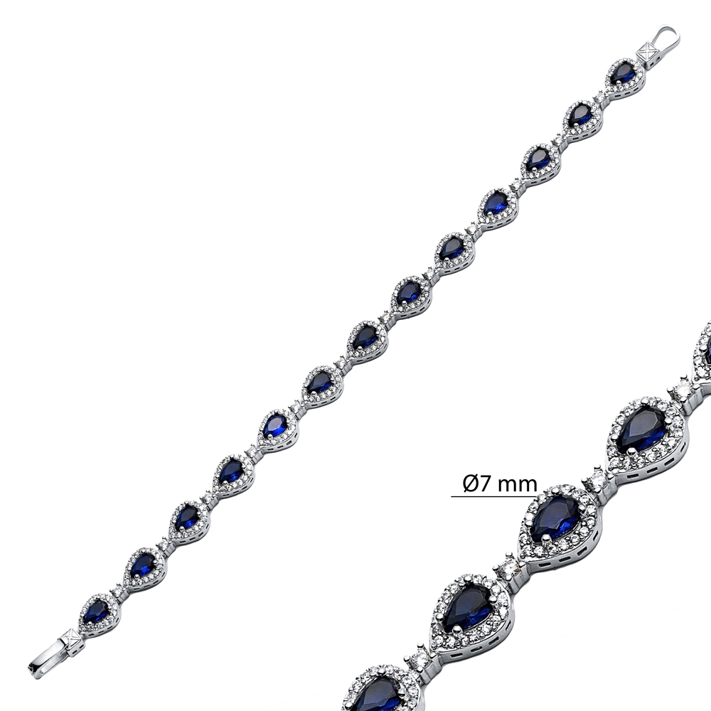 Pear Drop Sapphire CZ Stone Dainty Sterling Silver Tennis Bracelet