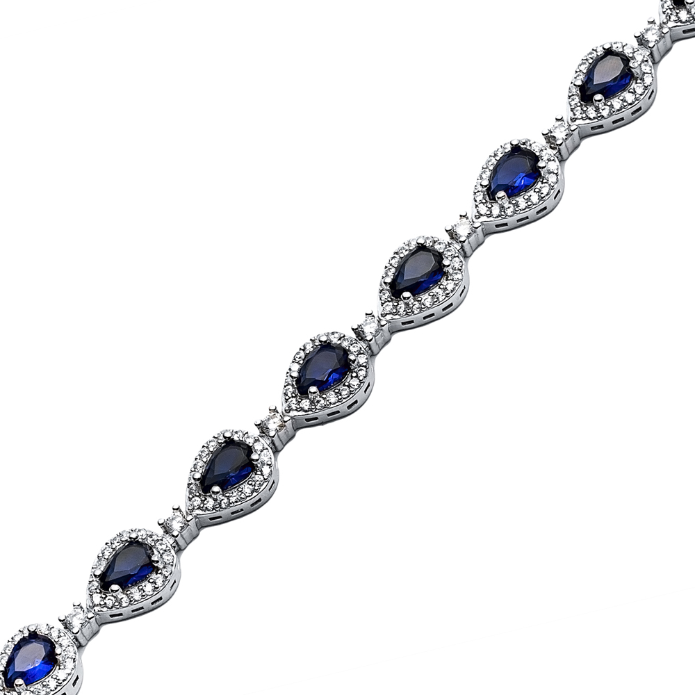 Pear Drop Sapphire CZ Stone Dainty Sterling Silver Tennis Bracelet