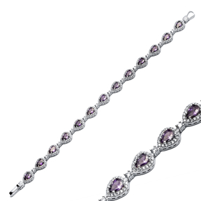 Pear Drop Amethyst CZ Stone Dainty Sterling Silver Tennis Bracelet