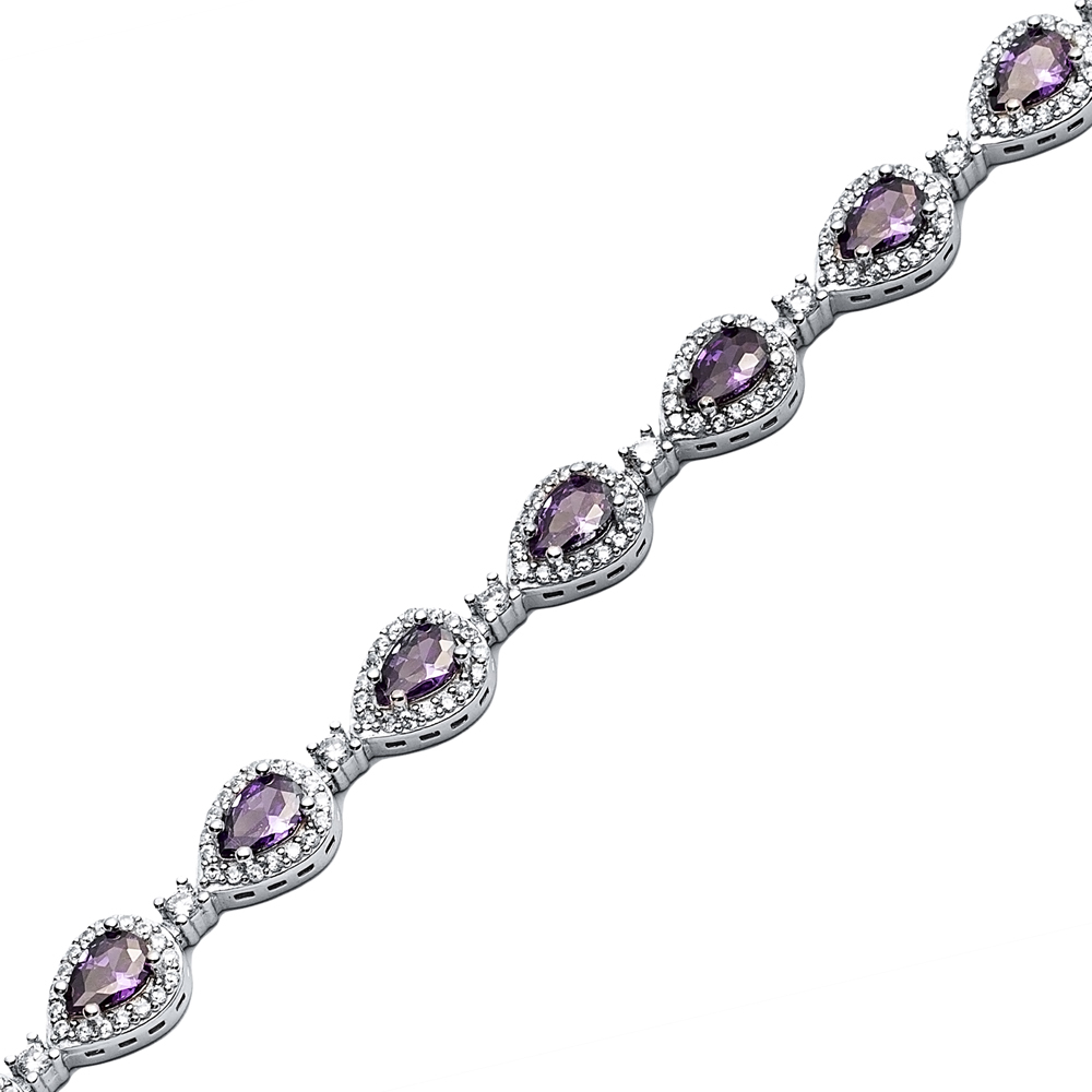 Pear Drop Amethyst CZ Stone Dainty Sterling Silver Tennis Bracelet