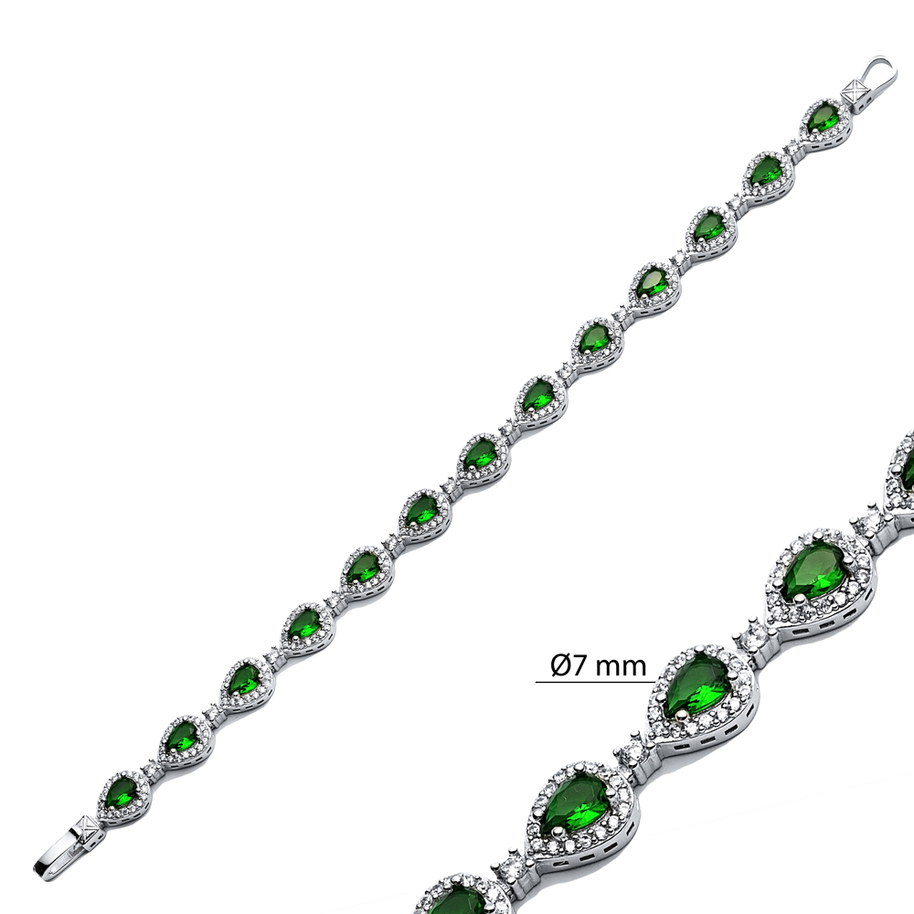 Pear Drop Emerald CZ Stone Dainty Sterling Silver Tennis Bracelet