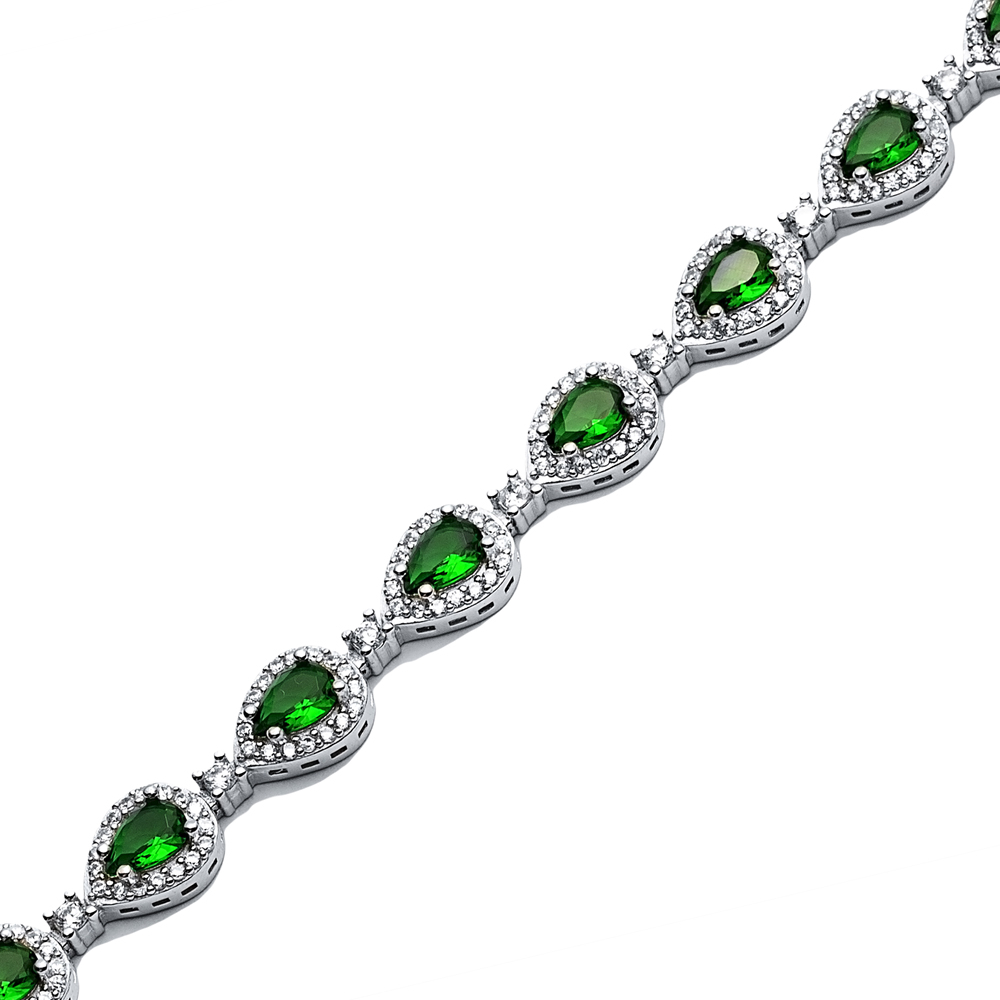 Pear Drop Emerald CZ Stone Dainty Sterling Silver Tennis Bracelet