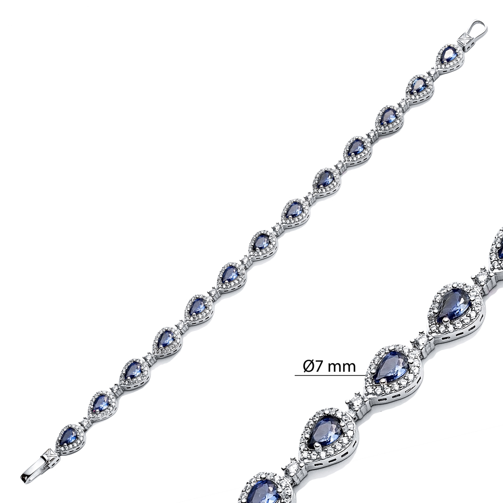 Pear Drop Tanzanite CZ Stone Dainty Sterling Silver Tennis Bracelet