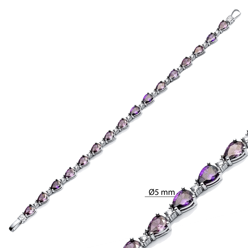 Pear Drop Amethyst CZ Stone Sterling Silver Tennis Bracelet