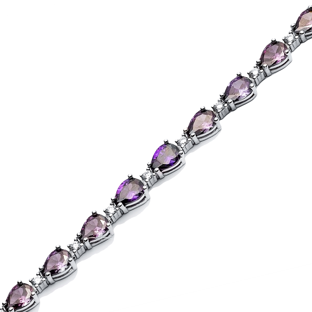 Pear Drop Amethyst CZ Stone Sterling Silver Tennis Bracelet