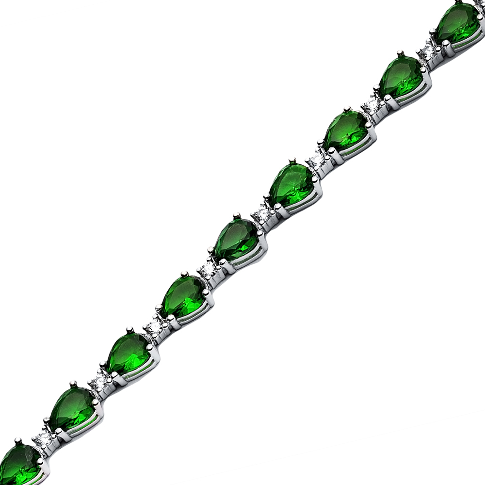 Pear Drop Emerald CZ Stone Sterling Silver Tennis Bracelet