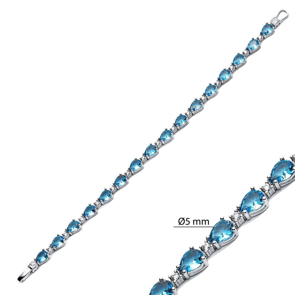 Pear Drop Aquamarine CZ Stone Sterling Silver Tennis Bracelet