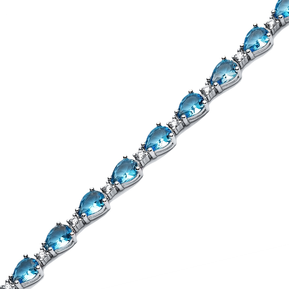 Pear Drop Aquamarine CZ Stone Sterling Silver Tennis Bracelet